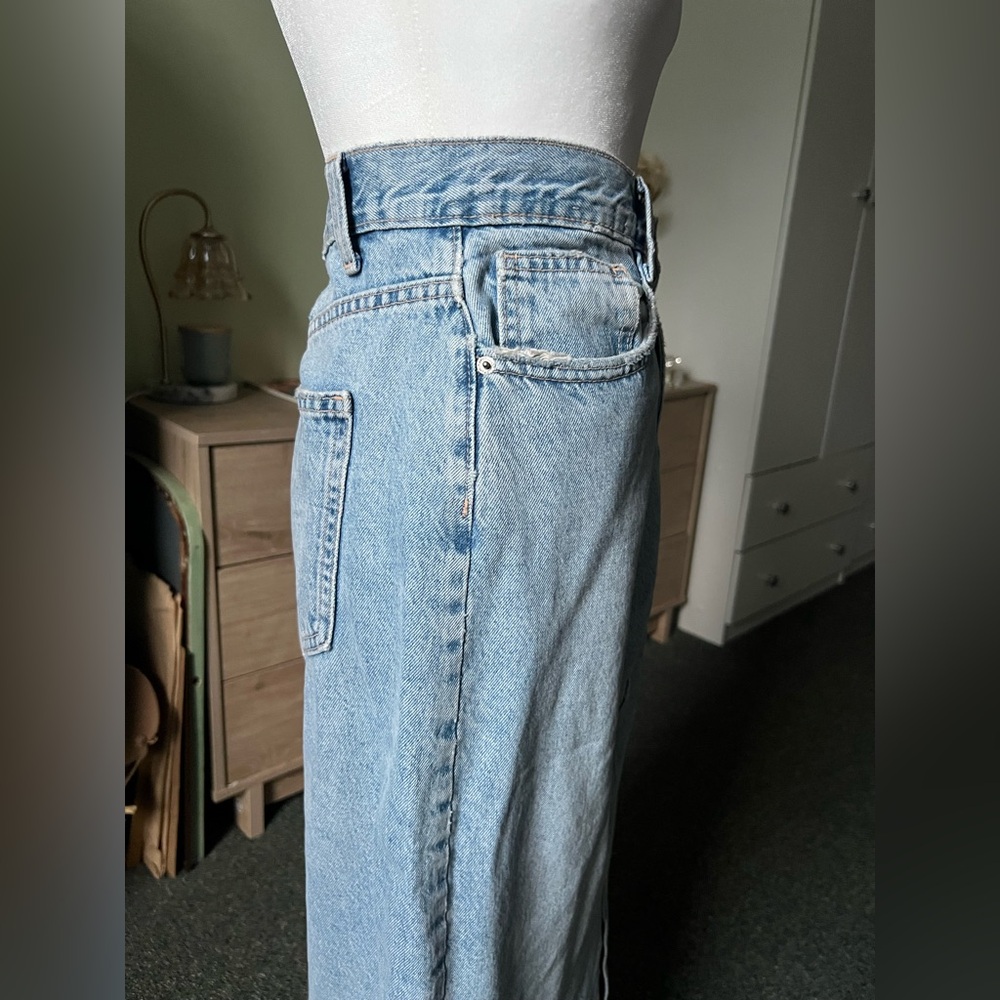 ZARA Light Wash Denim Distressed Hem Straight Midi Maxi Front Slit Cotton Skirt - Picture 11 of 16